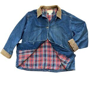 VTG Denim Faded Chore Barn Jacket XL Corduroy Collar Plaid Lining Patch Pockets